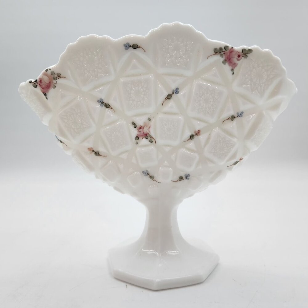 Vintage Westmorland Milk Glass Splay Vase w Painted Roses Quilt Pattern White 7"